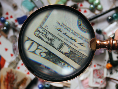Tips for Finding Extra Money in Your Budget: A magnifying glass highlighting a twenty-dollar bill hidden among household items.