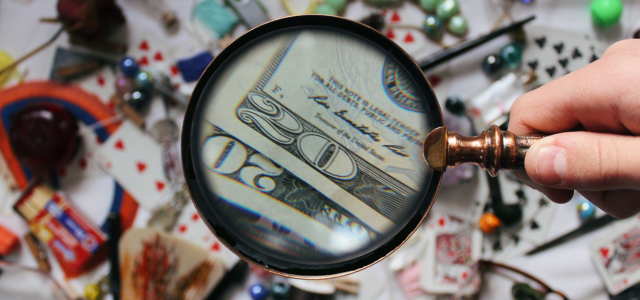 Tips for Finding Extra Money in Your Budget: A magnifying glass highlighting a twenty-dollar bill hidden among household items.