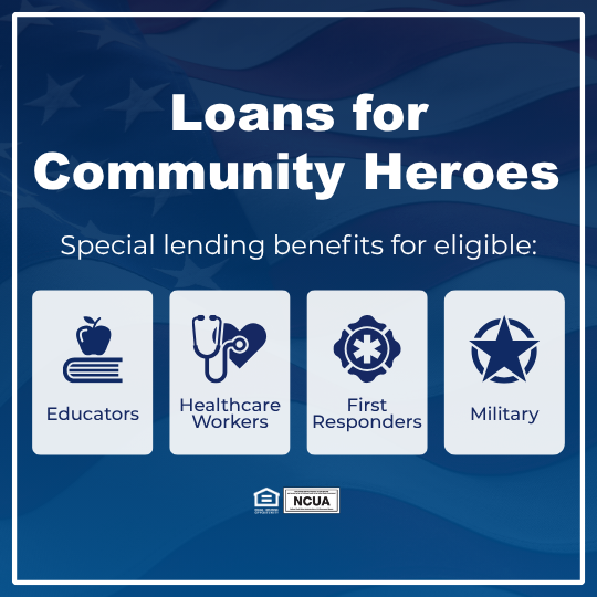 scott credit union community heroes loans graphic (1) Scott Credit Union graphic titled 'Loans for Community Heroes' outlining special lending benefits for eligible educators, healthcare workers, first responders, and military members.